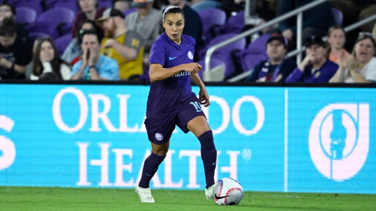 Orlando Pride forward Marta (10) controls the ball during an NWSL soccer match against the Chicago Red Stars, Friday, March 29, 2024, in Orlando, Fla. (Phelan M. Ebenhack/AP)