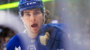 Toronto Maple Leafs' Matthew Knies (23) celebrates a goal during second period NHL hockey action against the Tampa Bay Lightning, in Toronto, Monday, Jan. 20, 2025. (Cole Burston/CP)