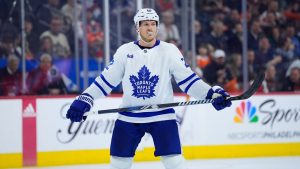 Toronto Maple Leafs' Jake McCabe plays during an NHL hockey game, Thursday, March 14, 2024, in Philadelphia. (Matt Slocum/AP)