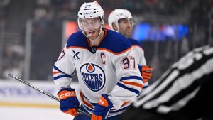 Edmonton Oilers center Connor McDavid (97) prepares for a face-off against the Anaheim Ducks during the first period of an NHL hockey game in Anaheim, Calif., Sunday, Dec. 29, 2024. (Alex Gallardo/AP)