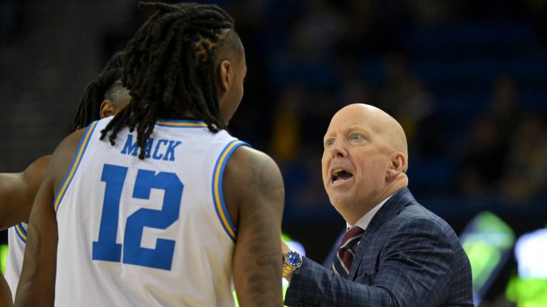 UCLA head coach Mick Cronin instructs UCLA guard Sebastian Mack (12) during the first half of an NCAA college basketball game against Michigan, Tuesday, Jan. 7, 2025, in Los Angeles. (Jayne Kamin-Oncea/AP)