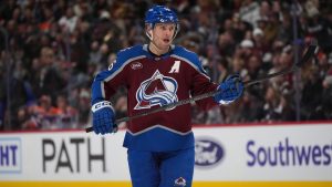 Colorado Avalanche right wing Mikko Rantanen (96) in the first period of an NHL hockey game Saturday, Nov. 30, 2024, in Denver. (David Zalubowski/AP)