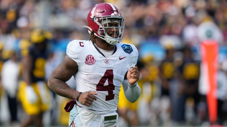 Alabama quarterback Jalen Milroe against Michigan during the first half of the ReliaQuest Bowl NCAA college football game Tuesday, Dec. 31, 2024, in Tampa, Fla. (Chris O'Meara/AP)