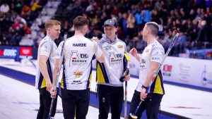 From left to right, Bobby Lammie, Grant Hardie, Bruce Mouat and Hammy McMillan Jr. celebrate after winning the Co-op Canadian Open on Nov. 10, 2024, in Nisku, Alta. (Anil Mungal/GSOC)