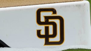 Detailed view of a San Diego Padres logo on a pitching mound during batting practice prior to a baseball game between the San Diego Padres and Boston Red Sox on Saturday, May 20, 2023, in San Diego. (Brandon Sloter/AP)