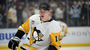 Pittsburgh Penguins left wing Drew O'Connor warms up prior to an NHL hockey game against the Los Angeles Kings, Monday, Jan. 20, 2025, in Los Angeles. (Jayne Kamin-Oncea/AP)