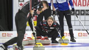 Jocelyn Peterman calls to partner Brett Gallant during Canadian mixed doubles curling trials action against Tyrel Griffith and Jennifer Armstrong in Liverpool, N.S. in this Wednesday, January 1, 2025 handout photo. (THE CANADIAN PRESS/HO, Curling Canada, Michael Burns)