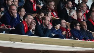 Britain's Prince William, second left, watches the Champions League opening phase soccer match between Monaco and Aston Villa at the Louis II stadium in Monaco, Tuesday, Jan. 21, 2025. (Laurent Cipriani/AP)