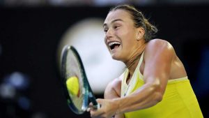 Aryna Sabalenka of Belarus plays a backhand return to Sloane Stephens of the U.S. during their first round match at the Australian Open tennis championship in Melbourne. (Vincent Thian/AP)