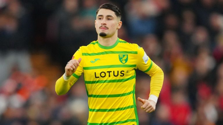 Norwich City's Borja Sainz runs during the English FA Cup fourth round soccer match between Liverpool and Norwich, at Anfield stadium in Liverpool, England, Sunday, Jan. 28, 2024. (Jon Super/AP)