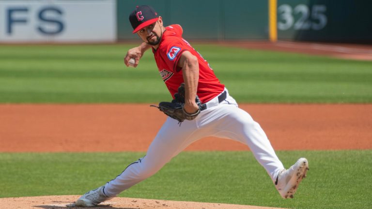 Cleveland Guardians pitcher Nick Sandlin delivers against the Kansas City Royals during the first inning of the first game of a baseball doubleheader in Cleveland, Monday, Aug. 26, 2024. (Phil Long/AP)