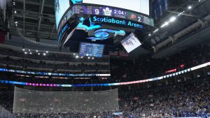 The jumbotron at the Scotiabank Arena displays the score as the Toronto Maple Leafs play the Anaheim Ducks during third period NHL hockey action in Toronto, on Saturday, February 17, 2024. (Chris Young/CP)