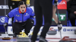 Team Manitoba-Cameron skip Kate Cameron directs her teammates as they play Team Manitoba-Jones in the semi-final at the Scotties Tournament of Hearts in Calgary, Alta., Sunday, Feb. 25, 2024. (Jeff McIntosh/CP)
