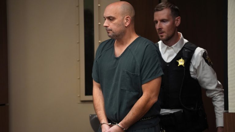 Sean M. Higgins, the driver charged with killing NHL hockey player Johnny Gaudreau and his brother Matthew as they bicycled on a rural road, appears at the county courthouse in Salem, N.J., Nov. 12, 2024. (Matt Slocum/AP)