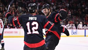 Ottawa Senators' Shane Pinto (12) celebrates his goal against the Washington Capitals with Josh Norris (9) during second period NHL hockey action in Ottawa, on Thursday, Jan. 30, 2025. (Justin Tang/CP)