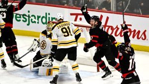 Ottawa Senators' Brady Tkachuk (7) celebrates after a goal against the Boston Bruins by Josh Norris (not shown) with seconds left in regulation time to force overtime, during third period NHL hockey action in Ottawa, on Saturday, Jan. 18, 2025. (Justin Tang/CP)