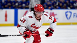 Carolina Hurricanes centre Seth Jarvis (24) skates during the first period of an NHL hockey game against the Buffalo Sabres in Buffalo, N.Y., Wednesday, Jan. 15, 2025. (Adrian Kraus/AP)