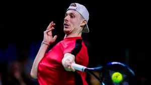 Canada's Denis Shapovalov returns the ball against Germany's Jan-Lennard Struff during a Davis Cup quarterfinal match at the Martin Carpena Sports Hall, in Malaga, southern Spain, on Wednesday, Nov. 20, 2024. (AP-Manu Fernandez/CP)