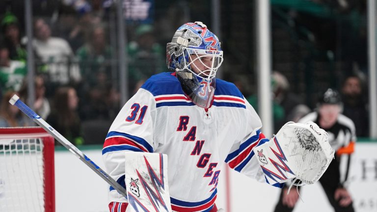 New York Rangers goaltender Igor Shesterkin minds the net during an NHL hockey game against the Dallas Stars in Dallas, Friday, Dec. 20, 2024. (Tony Gutierrez/AP)