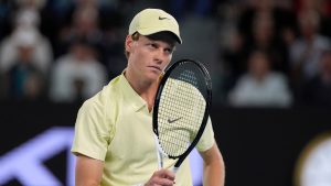 Jannik Sinner of Italy reacts during his quarterfinal match against Alex de Minaur of Australia at the Australian Open tennis championship in Melbourne, Australia, Wednesday, Jan. 22, 2025. (Asanka Brendon Ratnayake/AP Photo)