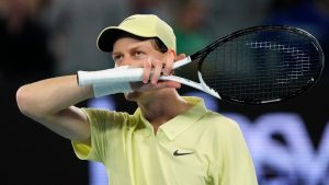 Jannik Sinner of Italy reacts during his semifinal match against Ben Shelton of the U.S. at the Australian Open tennis championship in Melbourne, Australia, Friday, Jan. 24, 2025. (Vincent Thian/AP Photo)