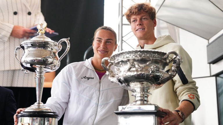 Defending champions Aryna Sabalenka and Jannik Sinner attend the official draw ceremony ahead of the Australian Open tennis championship in Melbourne, Australia, Thursday, Jan. 9, 2025. (Vincent Thian/AP Photo)