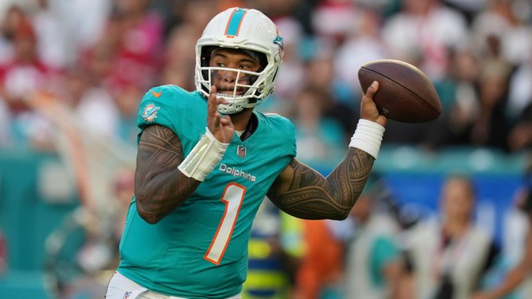 Miami Dolphins quarterback Tua Tagovailoa (1) aims a pass during the first half of an NFL football game against the San Francisco 49ers, Sunday, Dec. 22, 2024, in Miami Gardens, Fla. (Rebecca Blackwell/AP)