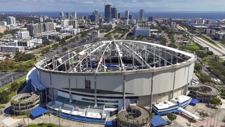 The roof of the Tropicana Field is damaged the morning after Hurricane Milton. (Mike Carlson/AP)