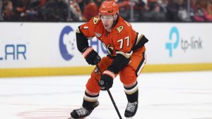 Anaheim Ducks right wing Frank Vatrano (77) controls the puck against the Philadelphia Flyers during the third period of an NHL hockey game Saturday, Dec. 28, 2024, in Anaheim, Calif. (Raul Romero Jr./AP)