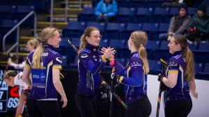 From left, Linda Stenlund, Isabella Wrana, Almida de Val and Maria Larsson celebrate their win at the WFG Masters on Jan. 17, 2025, in Guelph, Ont. (Anil Mungal/GSOC)