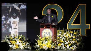 Former baseball player Ken Griffey Jr. speaks during a celebration of life for former Oakland Athletics baseball player Rickey Henderson in Oakland, Calif., Saturday, Feb. 1, 2025. (Jeff Chiu/AP)