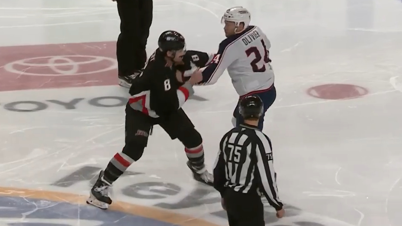 Sabres’ Gilbert, Blue Jackets’ Olivier throw down right after puck drop