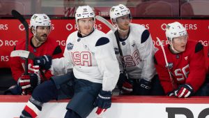 United States' Vincent Trochek, from left to right, Matthew Tkachuk, Kyle Connor and Brady Tkachuk look on during 4 Nations Face-Off hockey practice in Montreal, Tuesday, Feb. 11, 2025. (Christinne Muschi/CP)