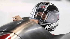 Canada's bobsleigh pilot Melissa Lotholz at the start of the women's monobob race at the Bobsleigh and Skeleton World Championships in Altenberg, Germany, Saturday, Feb.13, 2021. THE CANADIAN PRESS/AP-Matthias Schrader