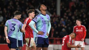 Arsenal's Gabriel, centre, reacts after the end of the English Premier League soccer match between Nottingham Forest and Arsenal at the City Ground stadium in Nottingham, England, Wednesday, Feb. 26, 2025. (Rui Viera/AP)