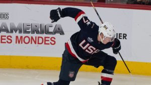 United States' Brady Tkachuk (7) celebrates his goal over Finland during third period 4 Nations Face-Off hockey action in Montreal on Thursday, Feb. 13, 2025. (Christinne Muschi/CP)