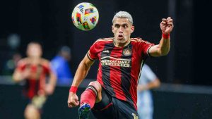 Atlanta United forward Daniel Ríos (19) controls the ball during the first half of an MLS soccer match against CF Montreal on Wednesday, Oct. 2, 2024, in Atlanta. (Miguel Martinez/Atlanta Journal-Constitution via AP)