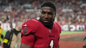 Tampa Bay Buccaneers running back Rachaad White leaves the field at half time during an NFL football wild-card game against the Washington Commanders, Sunday, Jan 12, 2025, in Tampa, Fla. (AP Photo/Peter Joneleit)