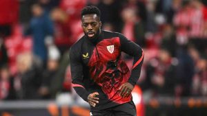 Athletic Bilbao's Inaki Williams warms up before the Europa League opening phase soccer match between Athletic Bilbao and Viktoria Plzen at the San Mames stadium in Bilbao, Spain, Thursday, Jan. 30, 2025. (Miguel Oses/AP)