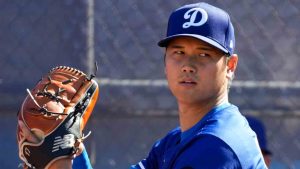 Los Angeles Dodgers two-way player Shohei Ohtani (17) works out during spring training baseball practice, Saturday, Feb. 15, 2025, in Phoenix. (Ashley Landis/AP)