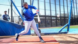 Toronto Blue Jays first baseman Vladimir Guerrero Jr. hits at batting practice during spring training in Dunedin Fla., on Tuesday, February 18, 2025. (CP/Nathan Denette)