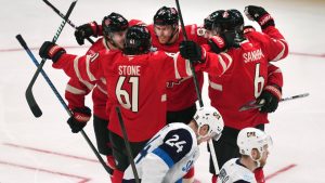 Canada celebrates after a goal by Connor McDavid against Finland during the first period of a 4 Nations Face-Off hockey game, Monday, Feb. 17, 2025, in Boston. (Charles Krupa/AP)