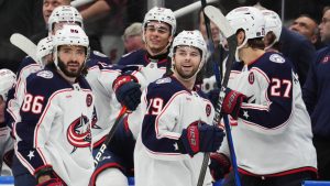 Columbus Blue Jackets' Adam Fantilli (19) looks on as fans celebrate his third goal against the Toronto Maple Leafs during third period NHL hockey action in Toronto on Wednesday, January 22, 2025. (Frank Gunn/CP)