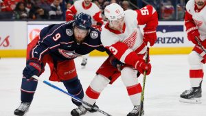 Detroit Red Wings winger Alex DeBrincat (93) keeps the puck away from Columbus Blue Jackets defenceman Ivan Provorov (9). (Jay LaPrete/AP)