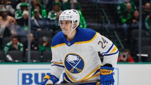 Buffalo Sabres centre Dylan Cozens (24) skates against the Dallas Stars during the first period of an NHL hockey game in Dallas, Tuesday, Dec. 31, 2024. (Michael Ainsworth/AP)