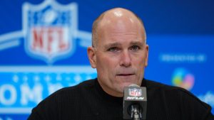 Baltimore Ravens general manager Eric DeCosta speaks during a press conference at the NFL football scouting combine in Indianapolis, Tuesday, Feb. 25, 2025. (AP Photo/Michael Conroy)