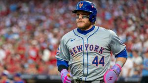 Harrison Bader looks on after scoring a run during Game 1 of a baseball NL Division Series. (Chris Szagola/AP)