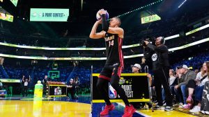 Miami Heat guard Tyler Herro shoots during the three-point contest at the NBA basketball All-Star Saturday night festivities Saturday, Feb. 15, 2025, in San Francisco. (Godofredo A. Vásquez/AP)
