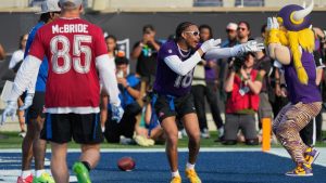 NFC wide receiver Justin Jefferson (18), of the Minnesota Vikings, celebrates after scoring a touchdown during the flag football event at the NFL Pro Bowl, Sunday, Feb. 2, 2025, in Orlando. (John Raoux/AP)