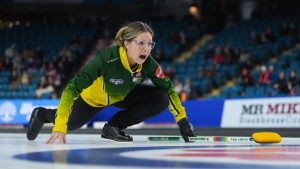 Northern Ontario skip Krista McCarville calls out to the sweepers while playing Manitoba in the playoffs at the 2023 Scotties Tournament of Hearts, in Kamloops, B.C. (Photo by Darryl Dyck/CP)